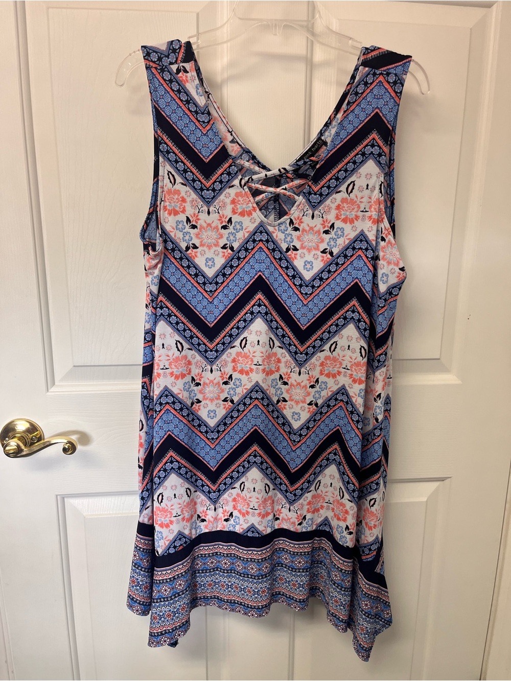 Three Hearts Sleeveless Chevron & Floral Tunic Dress - Blue & Coral